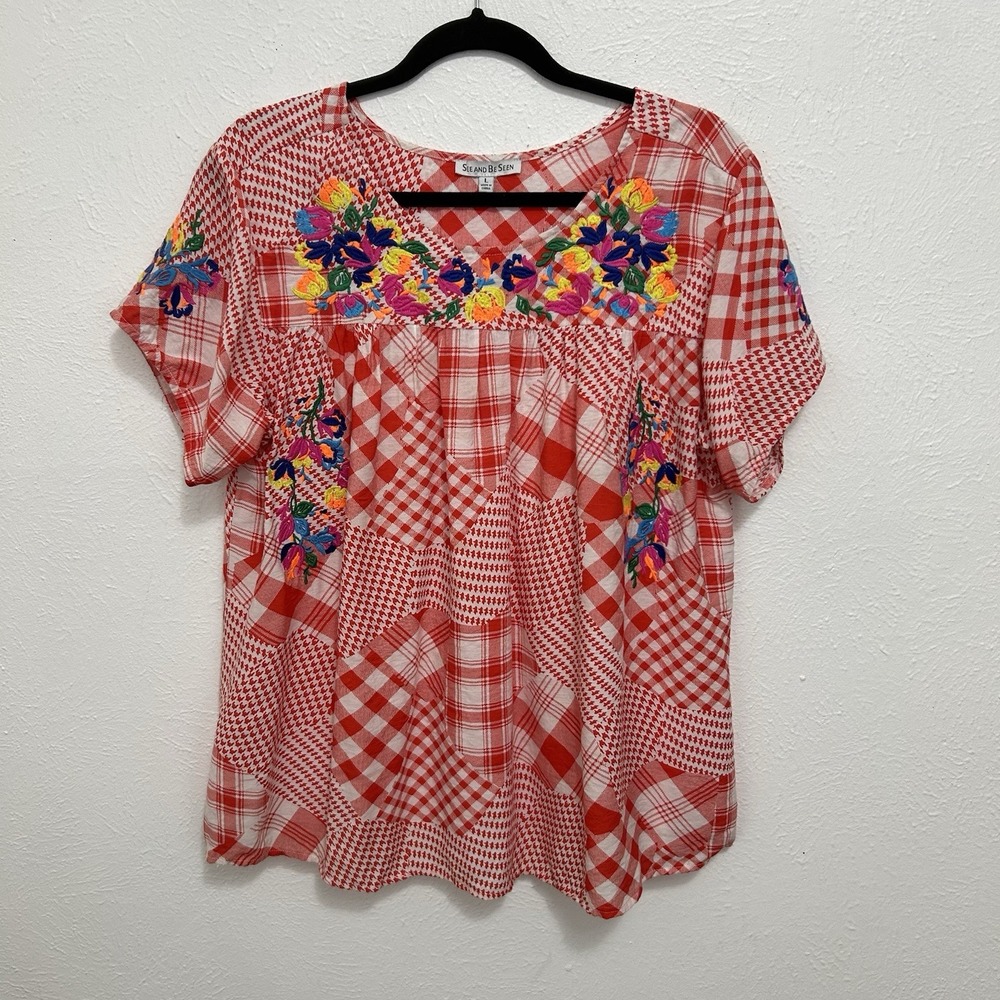 See N Be Seen Red Plaid Patchwork Embroidered Short Sleeve Top Boho Peasant Sz L